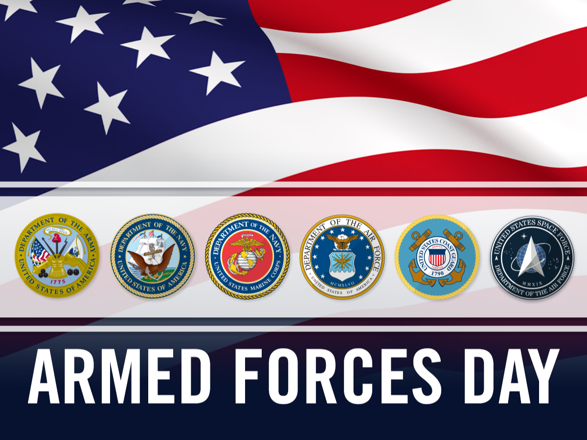 A graphic that reads “Armed Forces Day” with the official seals of each branch of the U.S. military with an American flag in the background.