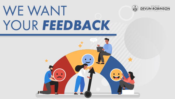 A gray graphic that reads “We Want Your Feedback” and features characters sitting on an animated scale that ranges from happy to sad.