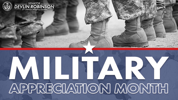 A graphic that reads “Military Appreciation Month” with a black and white photo of uniformed military servicemembers standing in formation.