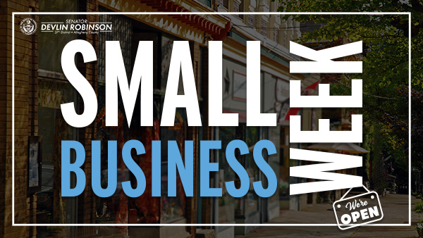 A graphic featuring a street lined with small businesses. The text reads “Small Business Week.”