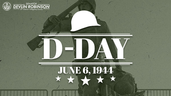 Graphic with text saying “D-Day June 6,1944” over an image of a D-Day memorial