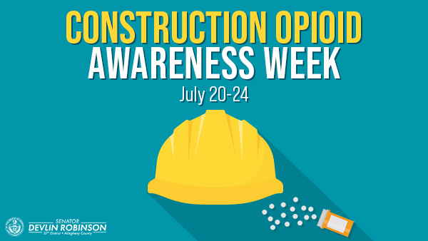 “Construction Opioid Awareness Week” on a blue background with an image of a hard hat. &nbsp;