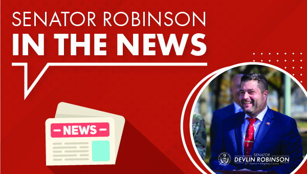 Sen. Robinson headshot on a red background with a newspaper graphic and the words “Senator Robinson in the news.”