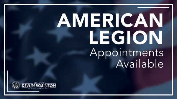 “American Legion Appointments Available” overlaid on an image of an American flag with Sen. Robinson’s logo in the corner.