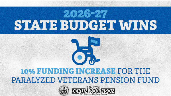 White graphic with blue letters that reads “2026-27 state budget wins: 10% funding increase for the Paralyzed Veterans Pension Fund.”