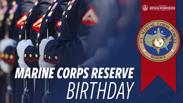 “Marine Corps Reserve Birthday” over a picture of Marine Corps Reserves in uniform and the branch’s logo.