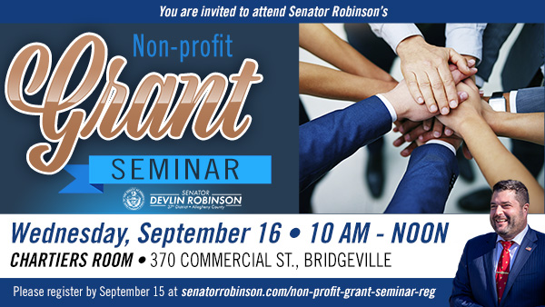 A blue graphic with the text “You are invited to attend Senator Robinson’s Non-profit Grant Seminar. Wednesday Sept. 16 10am-noon”