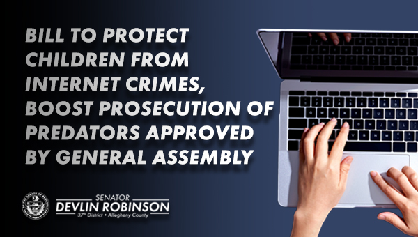 “Bill to Protect Children From Internet Crimes. Book Prosecution of Predators Approved by General Assembly” and an image of someone on a computer.&nbsp;
