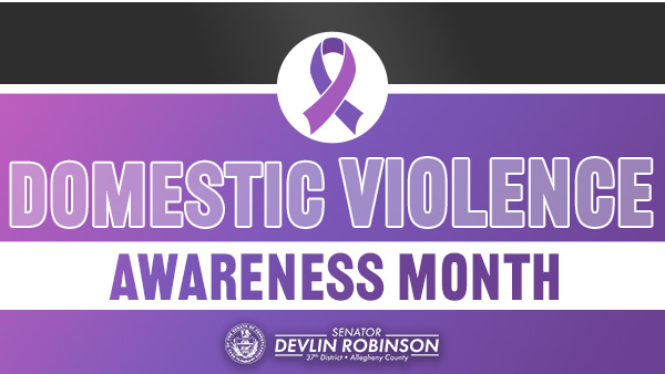 A purple graphic that reads, “Domestic Violence Awareness Month” on it with a purple ribbon.&nbsp;&nbsp; &nbsp;