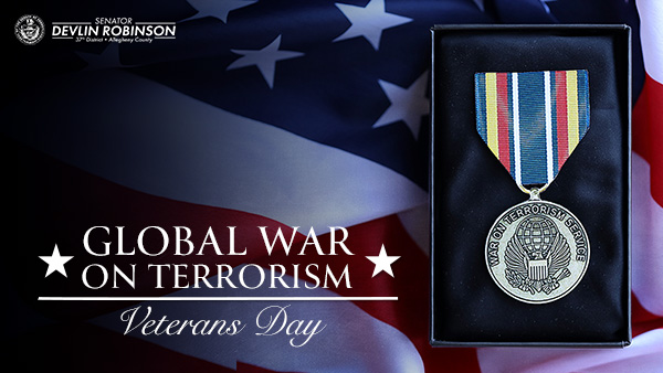 Graphic with an American flag in the background and text that says, “Global War on Terrorism Veterans Day” with an image of a service medal. &nbsp;