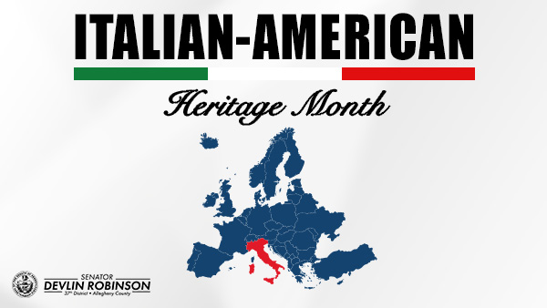 White Graphic and black text that says “Italian-American Heritage Month” with a red outline of Italy.&nbsp;