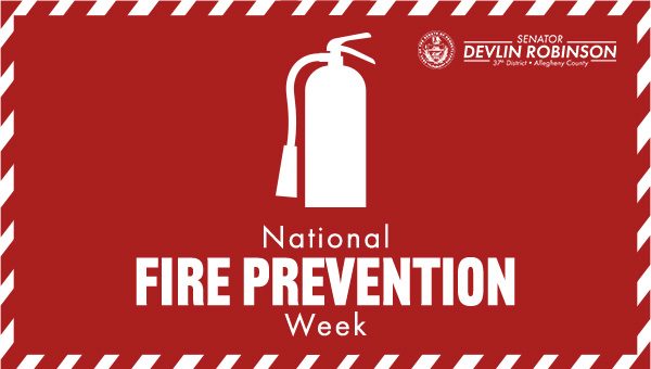 Red graphic with white text that says, “National Fire Prevention Week” with an image of a fire extinguisher.&nbsp;&nbsp;&nbsp;