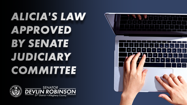 A blue background with text “Alicia’s Law Approved by the Senate Judiciary Committee” and image of someone typing on a laptop.