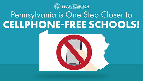 Blue graphic with text “Pennsylvania is One Step Closer to Cellphone-Free Schools” and an image of a cell phone being crossed out.