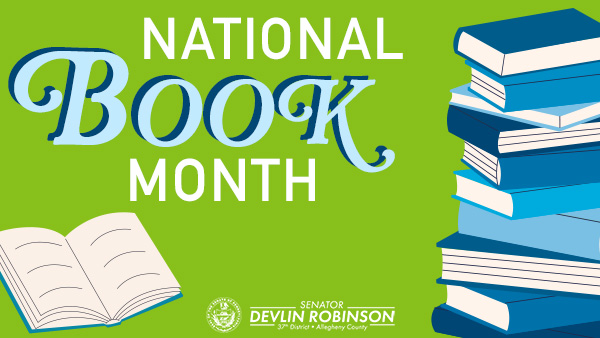 Green graphic with text: “National Book Month” and images of books.