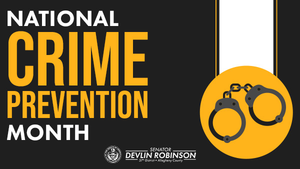 Black graphic with text: “National Crime Prevention Month” and an image of handcuffs.
