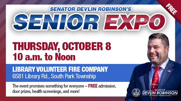 A white graphic with Sen. Robinson’s headshot and text: “Senator Devlin Robinson’s Senior Expo; Thursday, October 8, 10 a.m. to noon.”