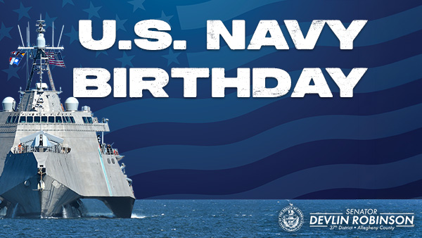 Navy ship at sea with the words, “U.S. Navy Birthday” across it. &nbsp;
