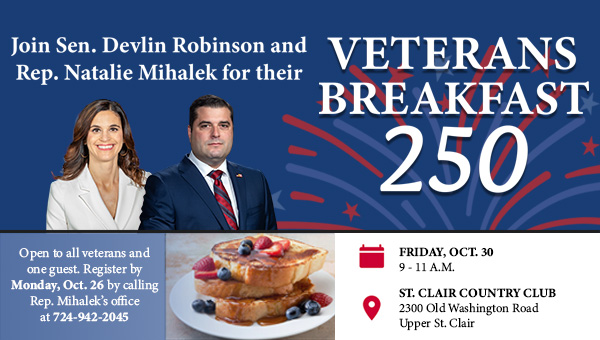 Blue graphic with white text that says, “Join Sen. Devlin Robinson and Rep. Natalie Mihalek for their Veterans Breakfast” &nbsp;