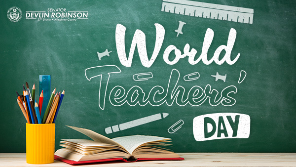 Green graphic with white text that says, “World Teachers’ Day” with an image of a pencil holder and an open book. &nbsp;